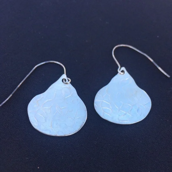 Silver Earrings - Textured Teardrop Dangle with Organic/Abstract Stamped Pattern - Picture 7 of 9